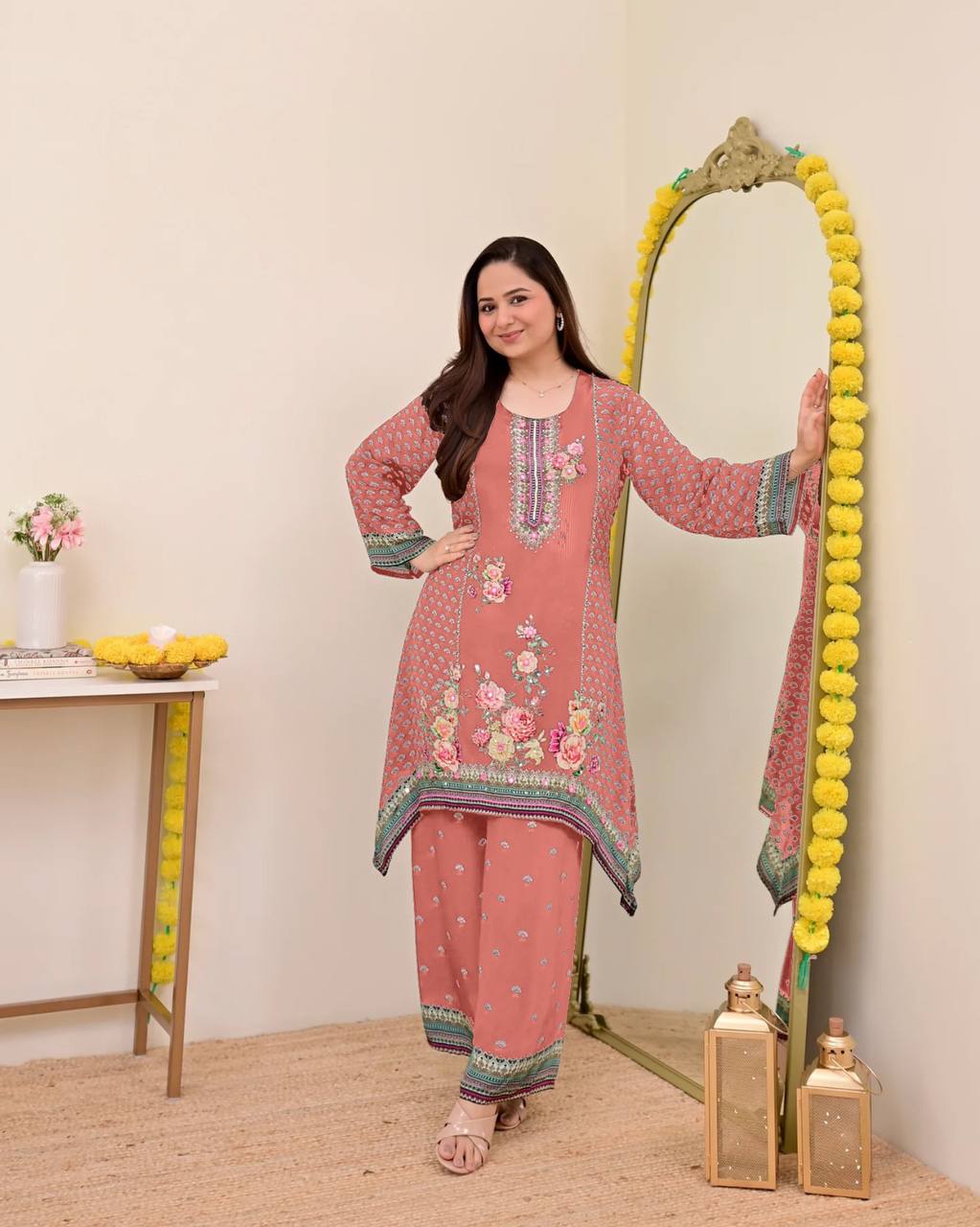 Festive Maslin Co‑Ord Set – Digital Print with Hand Mirror Work