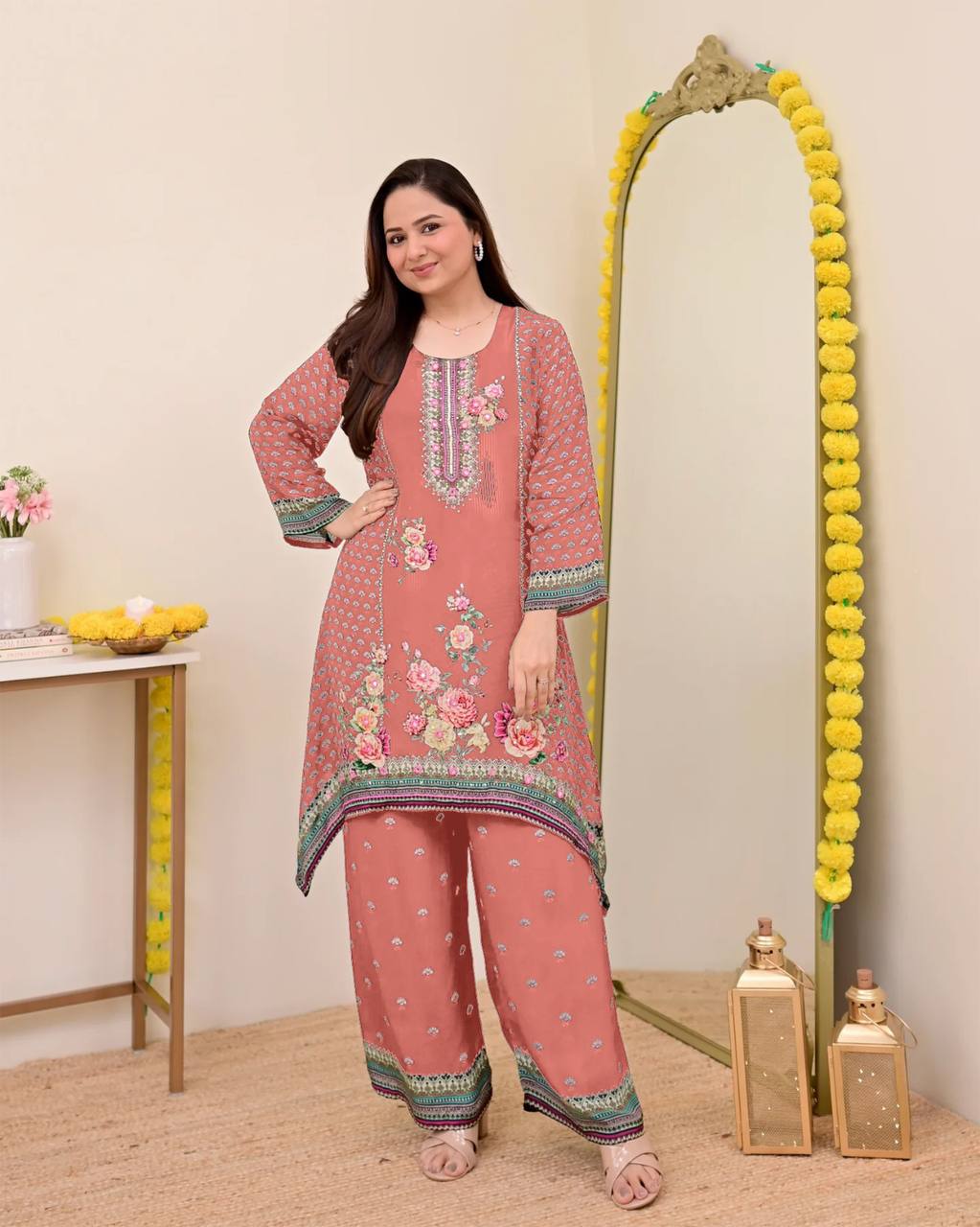 Festive Maslin Co‑Ord Set – Digital Print with Hand Mirror Work