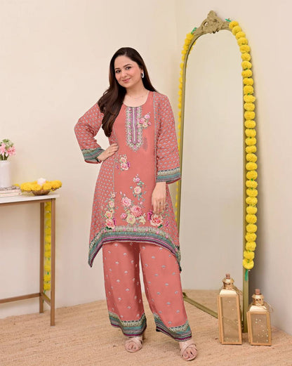 Festive Maslin Co‑Ord Set – Digital Print with Hand Mirror Work