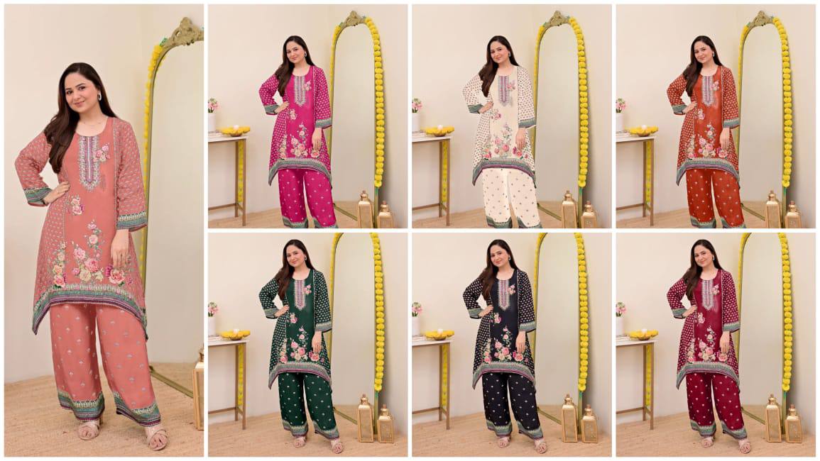 Festive Maslin Co‑Ord Set – Digital Print with Hand Mirror Work