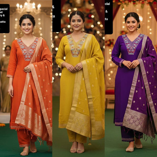 Heavy Roman Silk Straight Suit Set – Embroidery Jari & Handwork on Yoke with Dupatta