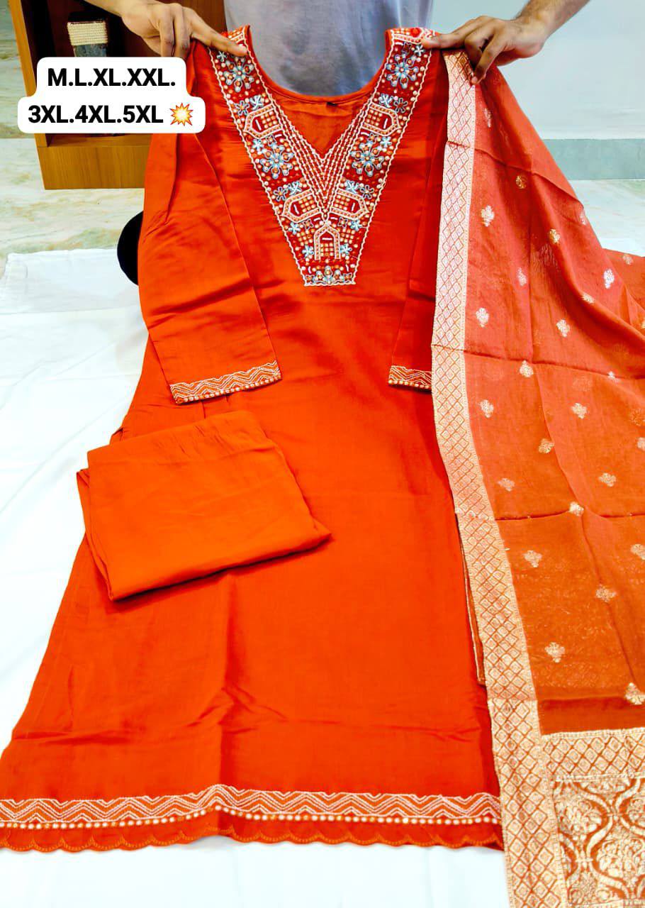 Heavy Roman Silk Straight Suit Set – Embroidery Jari & Handwork on Yoke with Dupatta