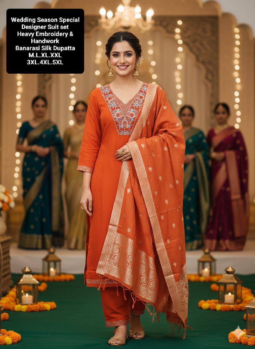 Heavy Roman Silk Straight Suit Set – Embroidery Jari & Handwork on Yoke with Dupatta