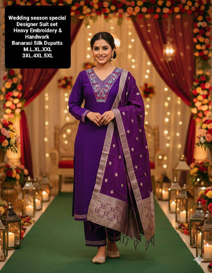 Heavy Roman Silk Straight Suit Set – Embroidery Jari & Handwork on Yoke with Dupatta