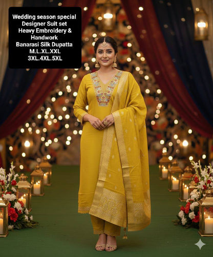 Heavy Roman Silk Straight Suit Set – Embroidery Jari & Handwork on Yoke with Dupatta