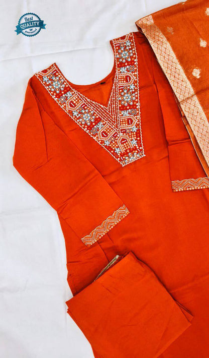 Heavy Roman Silk Straight Suit Set – Embroidery Jari & Handwork on Yoke with Dupatta