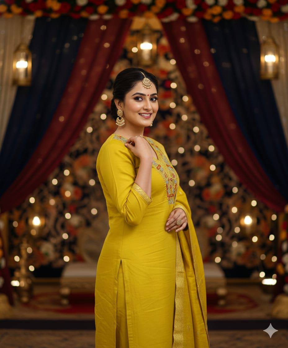 Heavy Roman Silk Straight Suit Set – Embroidery Jari & Handwork on Yoke with Dupatta