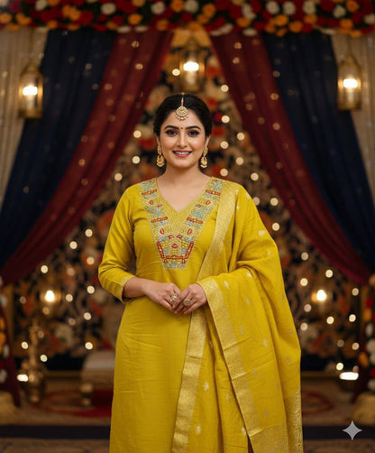 Heavy Roman Silk Straight Suit Set – Embroidery Jari & Handwork on Yoke with Dupatta