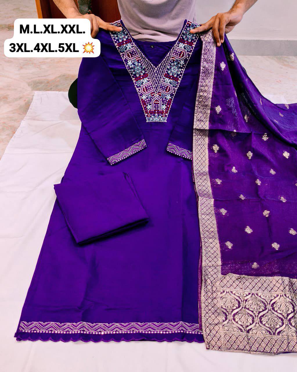 Heavy Roman Silk Straight Suit Set – Embroidery Jari & Handwork on Yoke with Dupatta