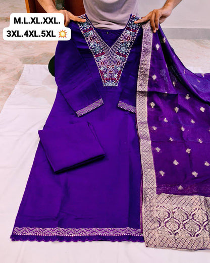 Heavy Roman Silk Straight Suit Set – Embroidery Jari & Handwork on Yoke with Dupatta