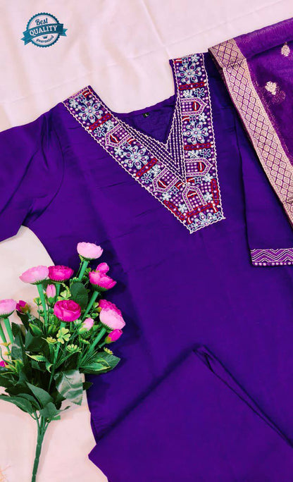 Heavy Roman Silk Straight Suit Set – Embroidery Jari & Handwork on Yoke with Dupatta