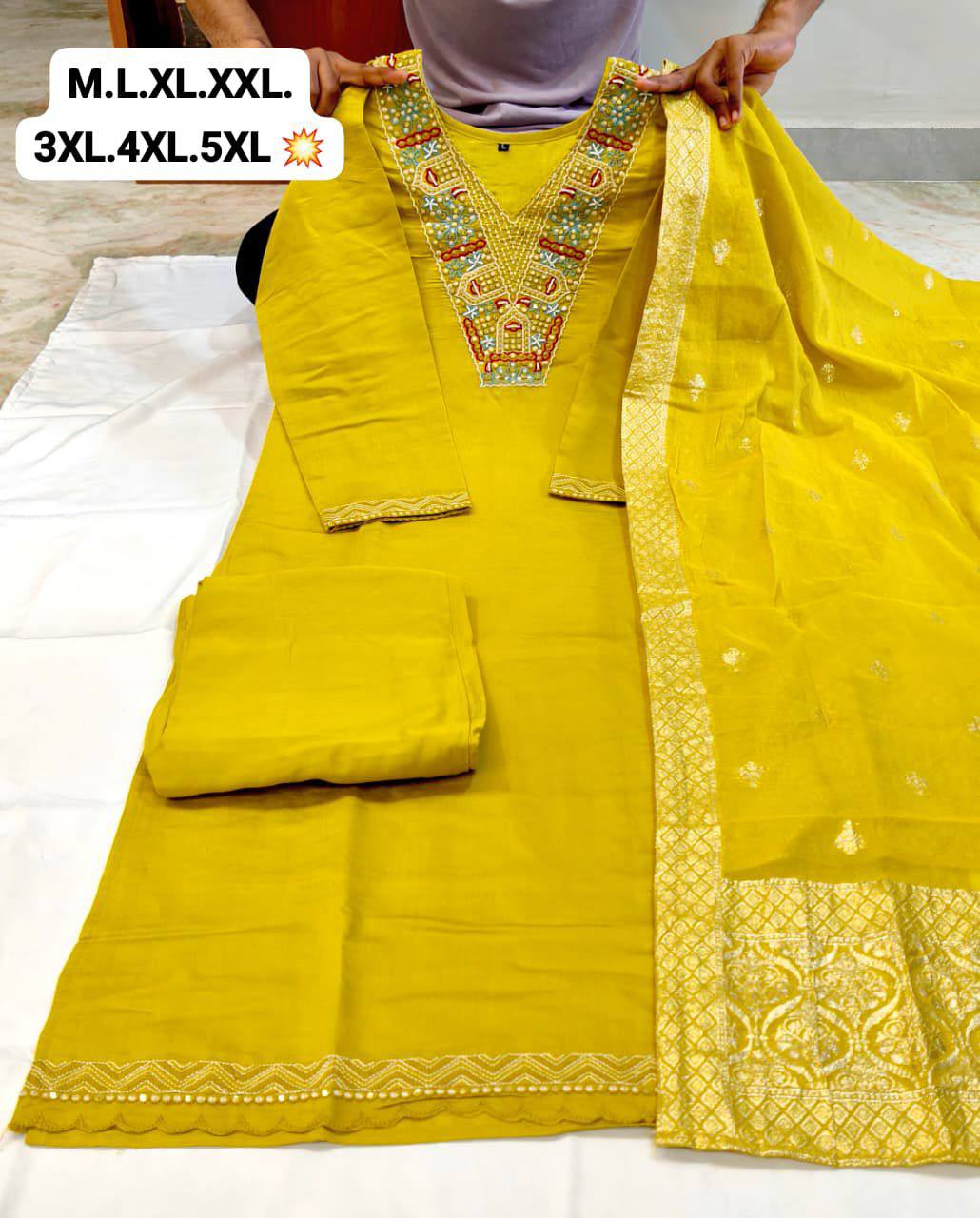 Heavy Roman Silk Straight Suit Set – Embroidery Jari & Handwork on Yoke with Dupatta