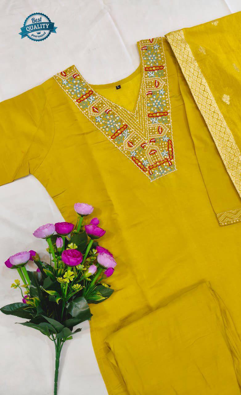 Heavy Roman Silk Straight Suit Set – Embroidery Jari & Handwork on Yoke with Dupatta