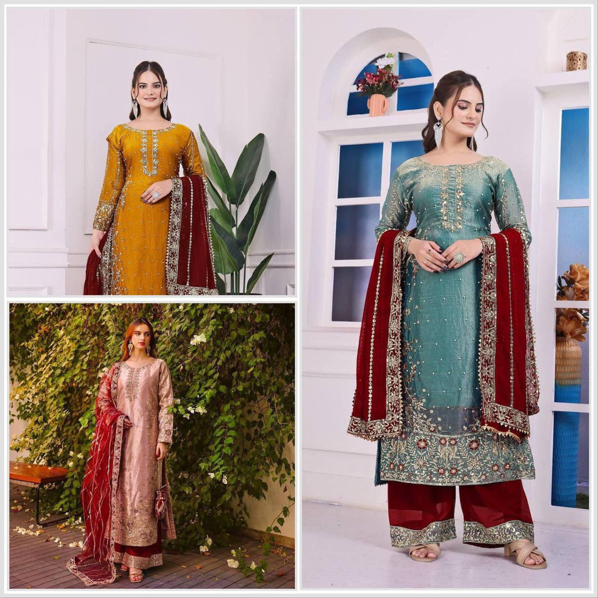 Eid Special Fancy Silk Top Plazzo Set – Embroidery & Sequins Work with Dupatta