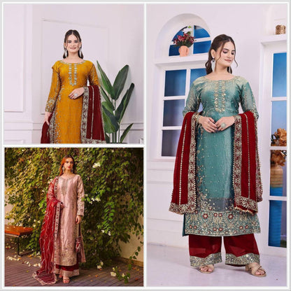 Eid Special Fancy Silk Top Plazzo Set – Embroidery & Sequins Work with Dupatta