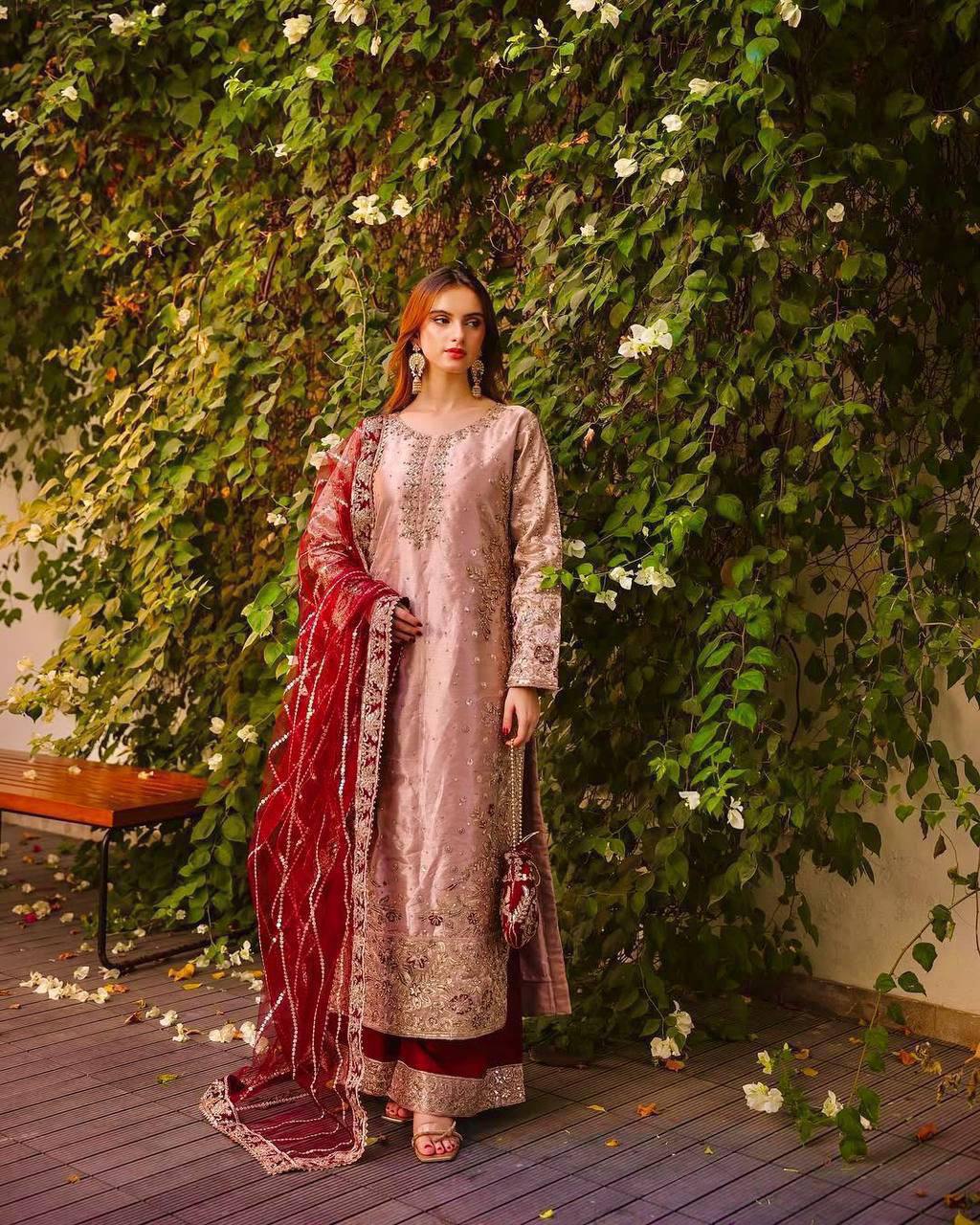 Eid Special Fancy Silk Top Plazzo Set – Embroidery & Sequins Work with Dupatta