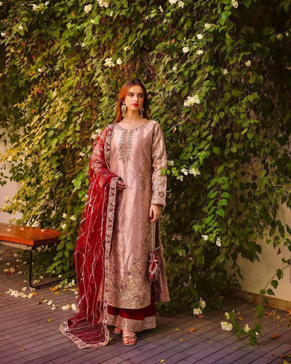 Eid Special Fancy Silk Top Plazzo Set – Embroidery & Sequins Work with Dupatta