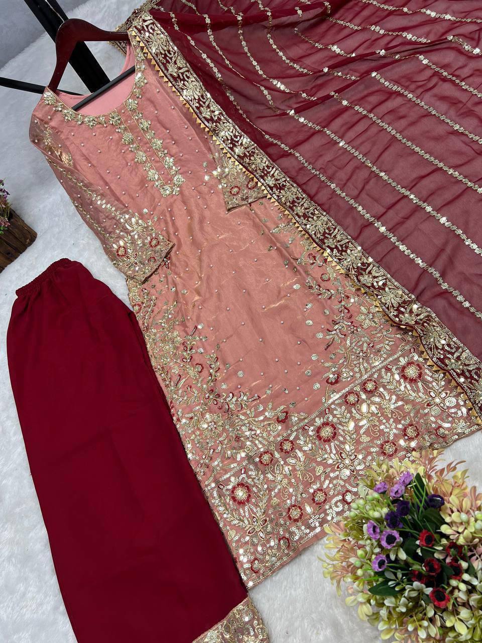 Eid Special Fancy Silk Top Plazzo Set – Embroidery & Sequins Work with Dupatta