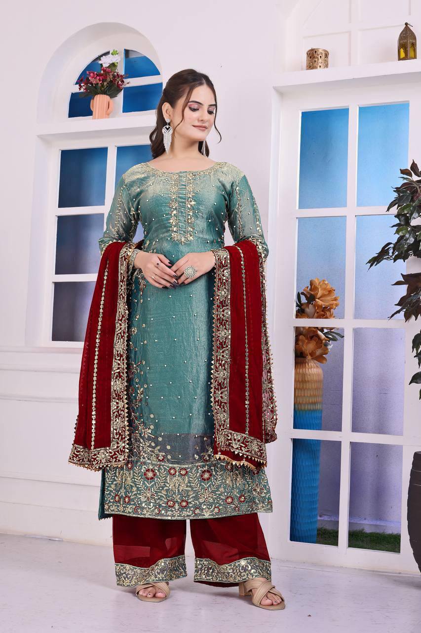 Eid Special Fancy Silk Top Plazzo Set – Embroidery & Sequins Work with Dupatta