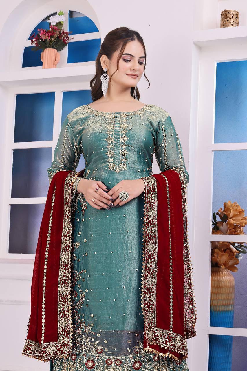 Eid Special Fancy Silk Top Plazzo Set – Embroidery & Sequins Work with Dupatta