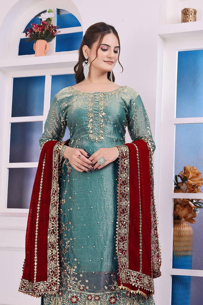Eid Special Fancy Silk Top Plazzo Set – Embroidery & Sequins Work with Dupatta
