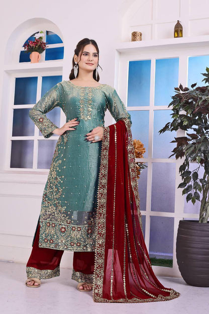 Eid Special Fancy Silk Top Plazzo Set – Embroidery & Sequins Work with Dupatta