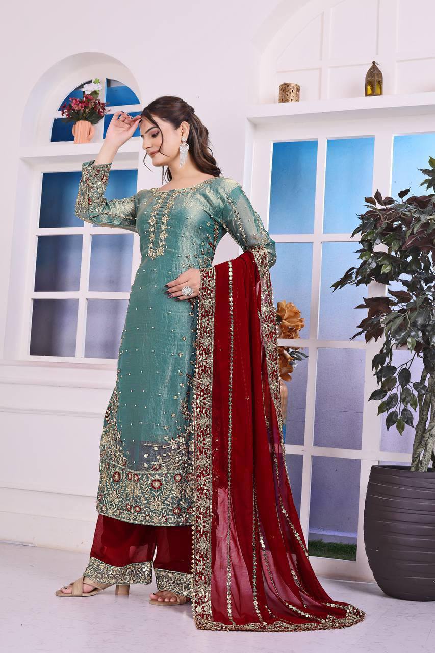 Eid Special Fancy Silk Top Plazzo Set – Embroidery & Sequins Work with Dupatta