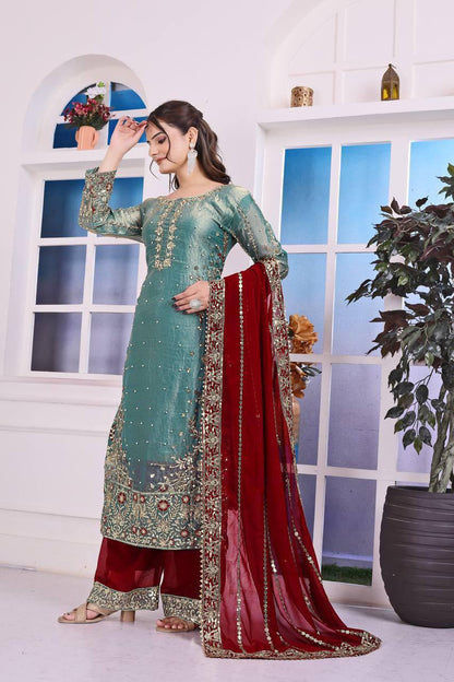 Eid Special Fancy Silk Top Plazzo Set – Embroidery & Sequins Work with Dupatta