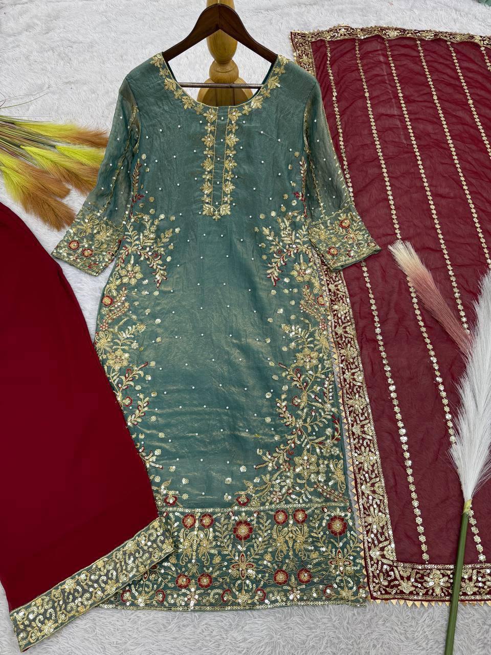 Eid Special Fancy Silk Top Plazzo Set – Embroidery & Sequins Work with Dupatta