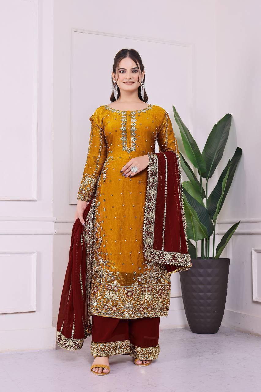 Eid Special Fancy Silk Top Plazzo Set – Embroidery & Sequins Work with Dupatta