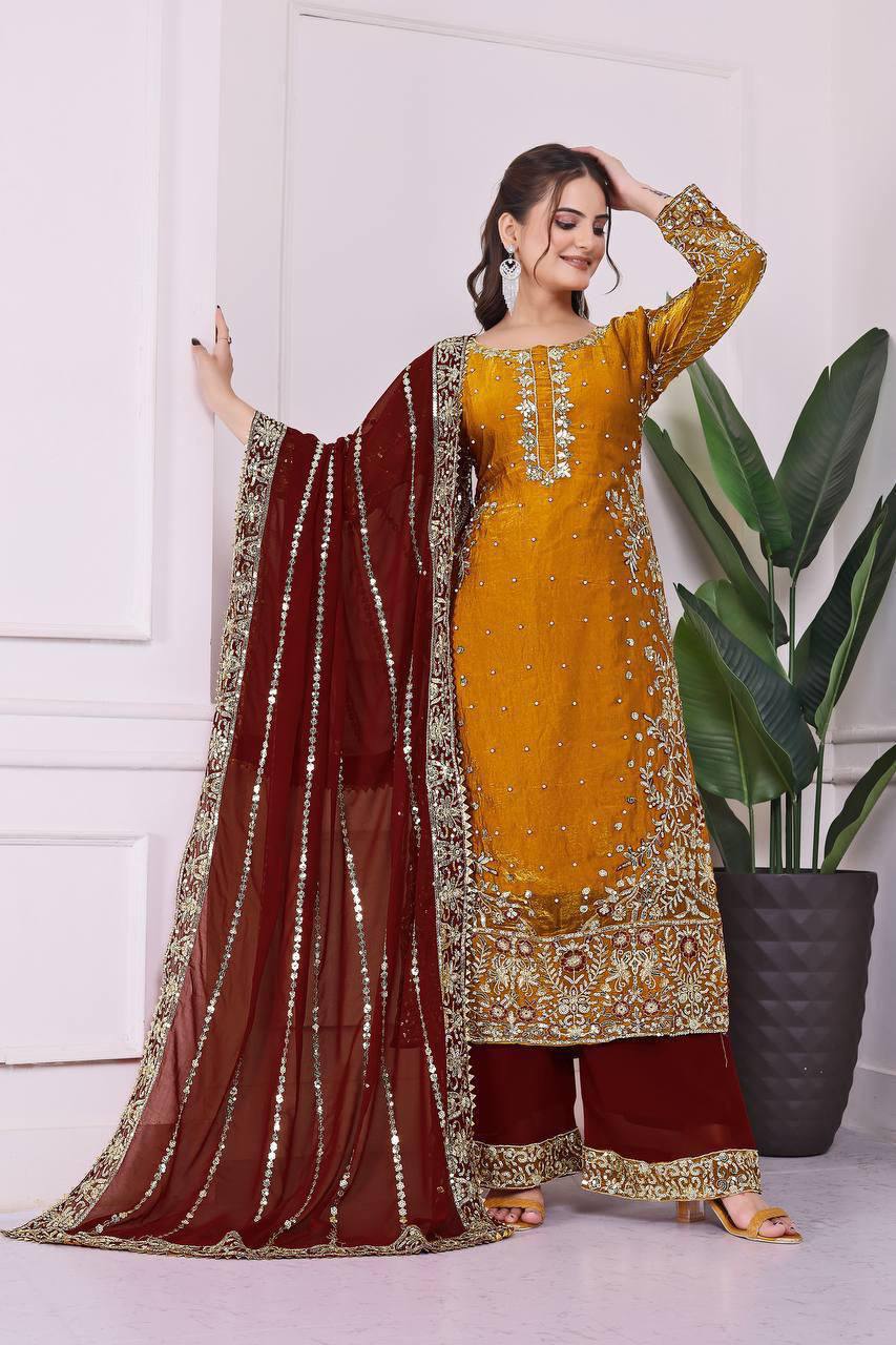 Eid Special Fancy Silk Top Plazzo Set – Embroidery & Sequins Work with Dupatta
