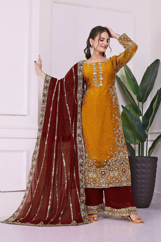 Eid Special Fancy Silk Top Plazzo Set – Embroidery & Sequins Work with Dupatta