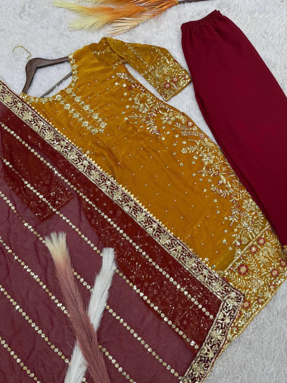Eid Special Fancy Silk Top Plazzo Set – Embroidery & Sequins Work with Dupatta