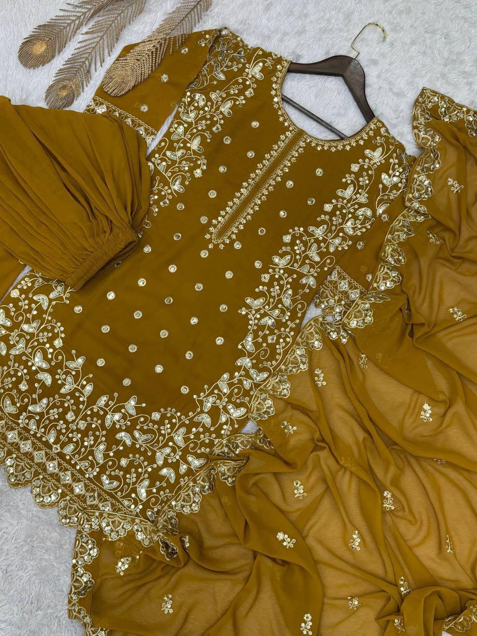 Heavy Faux Georgette Top Plazzo Set – Embroidery & Sequins Work with Dupatta