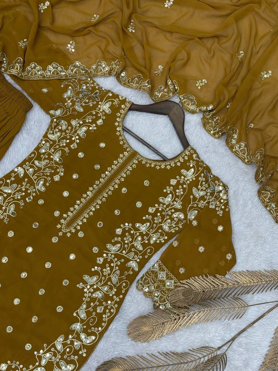 Heavy Faux Georgette Top Plazzo Set – Embroidery & Sequins Work with Dupatta