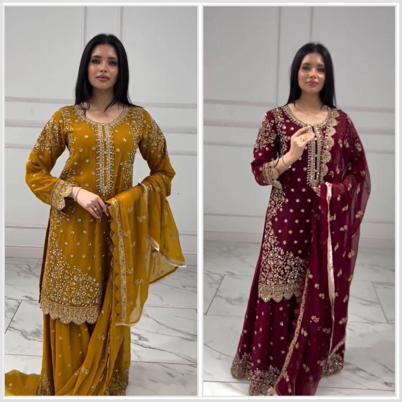 Heavy Faux Georgette Top Plazzo Set – Embroidery & Sequins Work with Dupatta