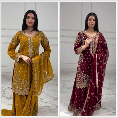 Heavy Faux Georgette Top Plazzo Set – Embroidery & Sequins Work with Dupatta