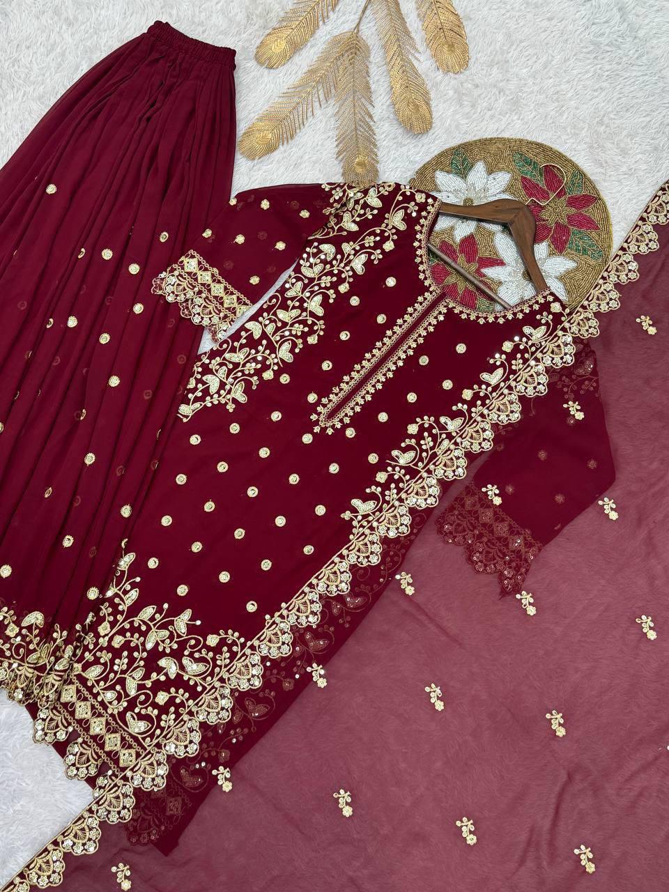 Heavy Faux Georgette Top Plazzo Set – Embroidery & Sequins Work with Dupatta