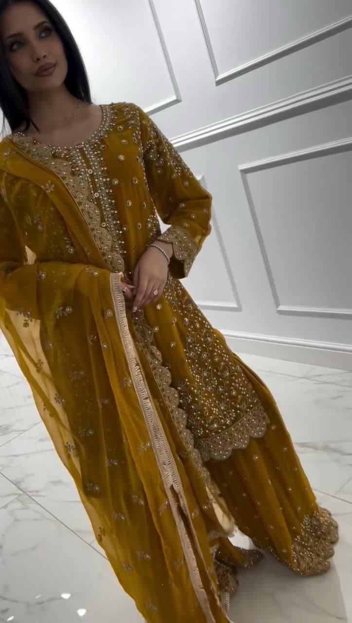 Heavy Faux Georgette Top Plazzo Set – Embroidery & Sequins Work with Dupatta