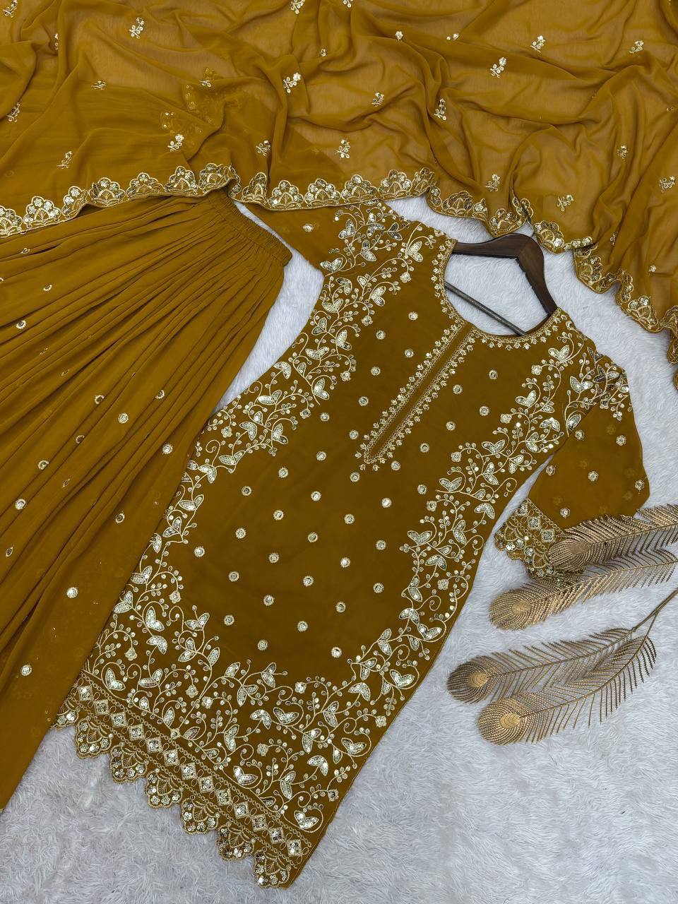 Heavy Faux Georgette Top Plazzo Set – Embroidery & Sequins Work with Dupatta