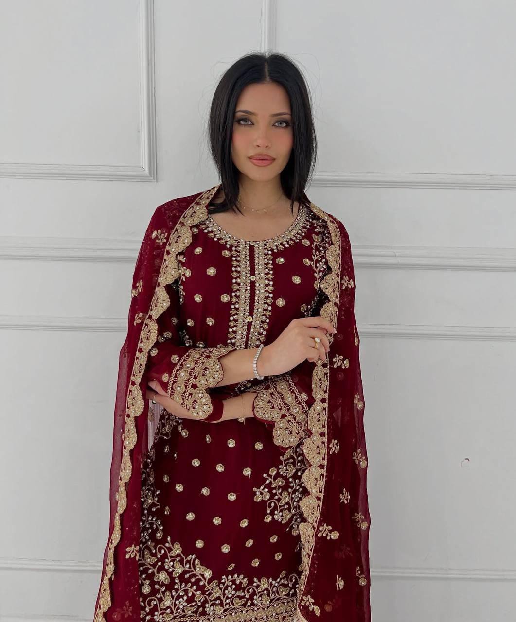 Heavy Faux Georgette Top Plazzo Set – Embroidery & Sequins Work with Dupatta