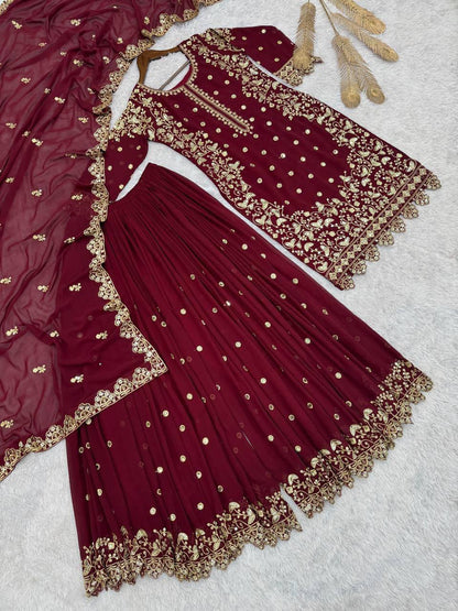 Heavy Faux Georgette Top Plazzo Set – Embroidery & Sequins Work with Dupatta