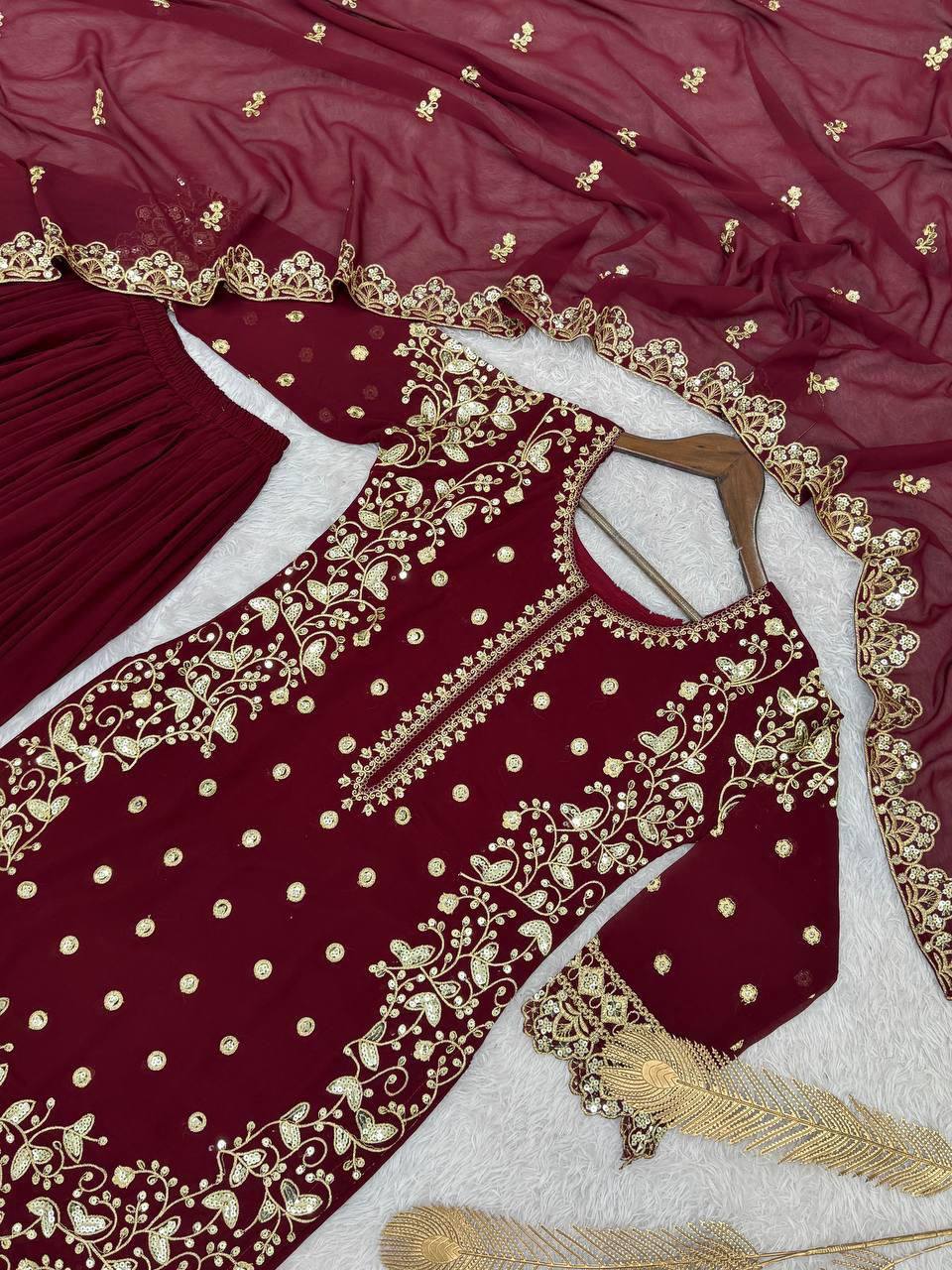 Heavy Faux Georgette Top Plazzo Set – Embroidery & Sequins Work with Dupatta