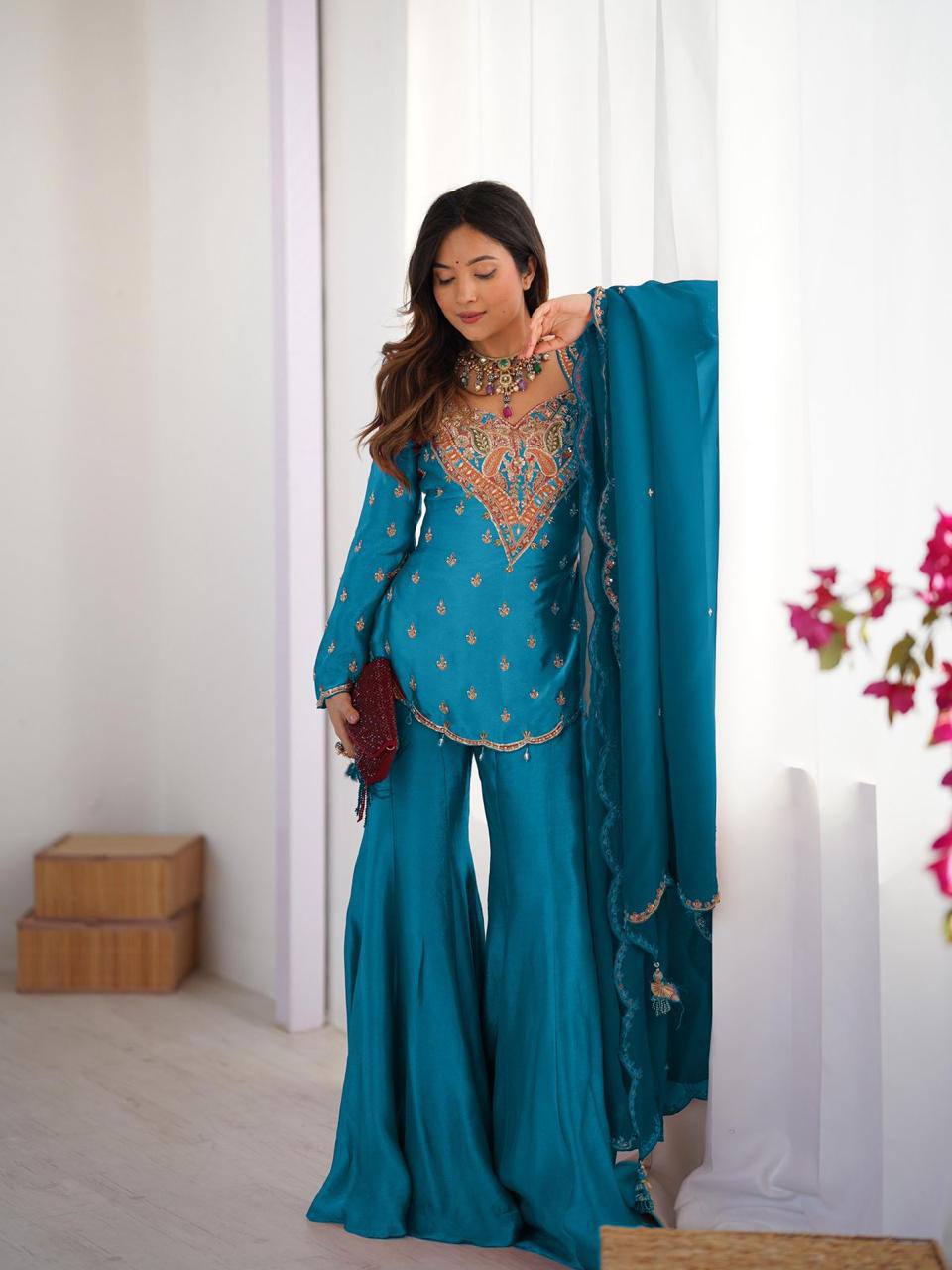 Heavy Simar Silk Suit Set – Embroidery Work with Faux Georgette Dupatta