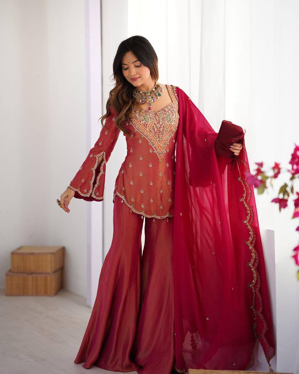 Heavy Simar Silk Suit Set – Embroidery Work with Faux Georgette Dupatta