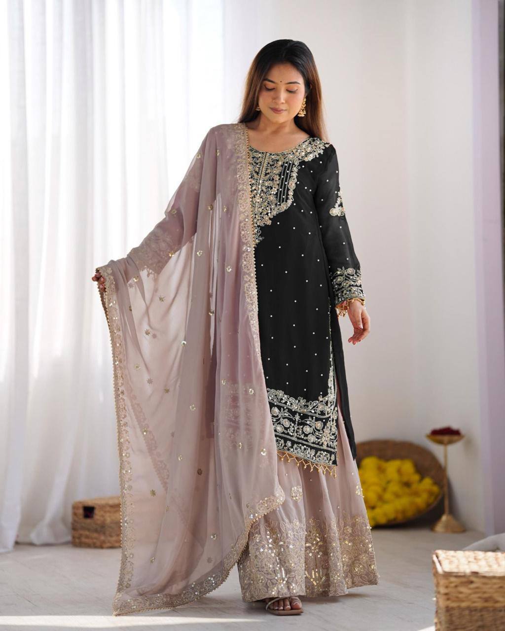 Heavy Faux Georgette Suit Set – Embroidery Coding Dori & Sequins Work