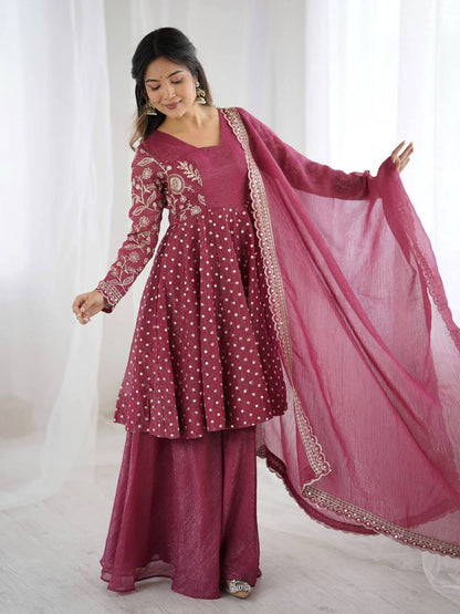 Plus Size Crunchy Silk Kurta Sharara Set – Sequins Embroidery Work with Dupatta