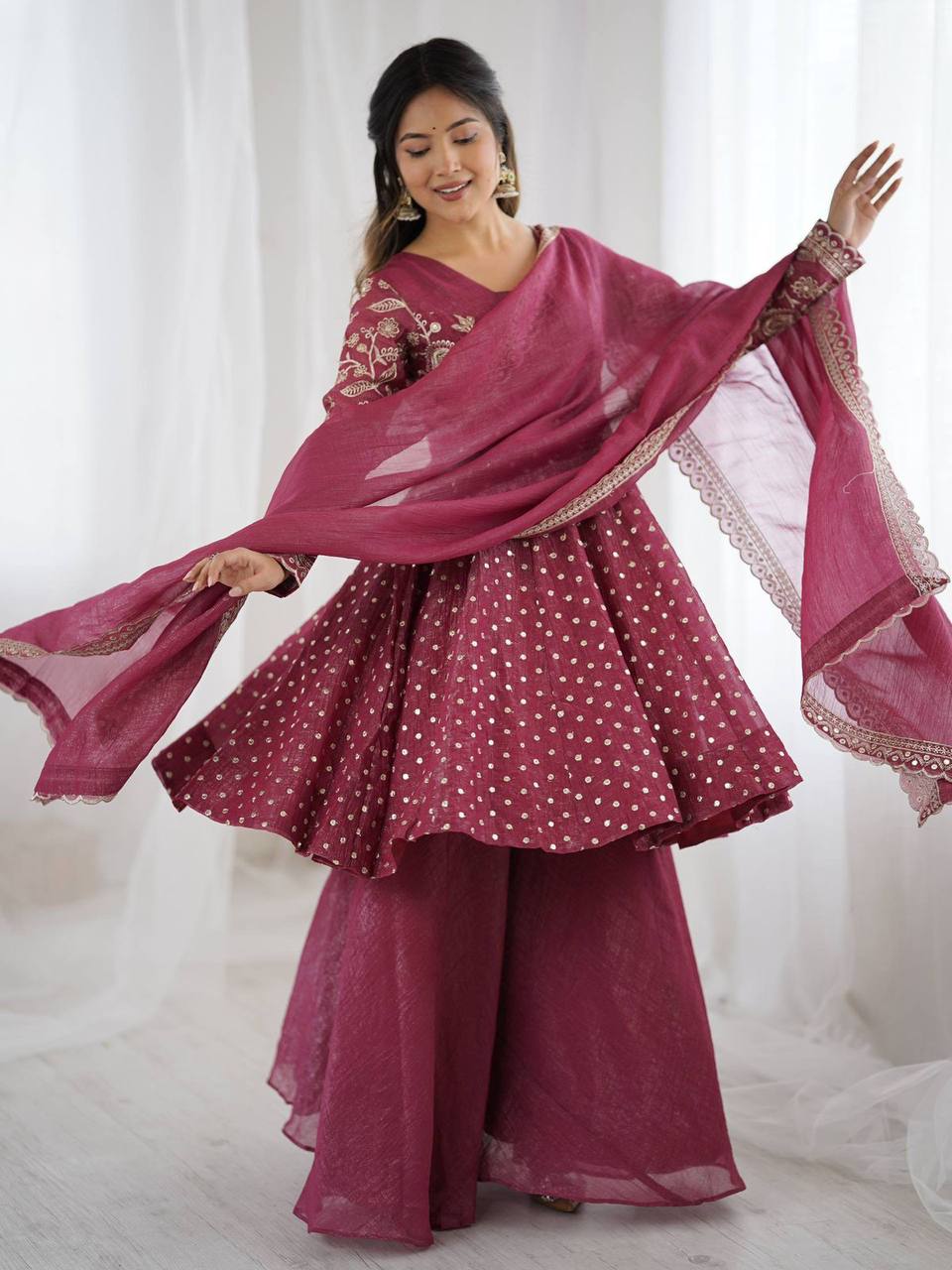 Plus Size Crunchy Silk Kurta Sharara Set – Sequins Embroidery Work with Dupatta