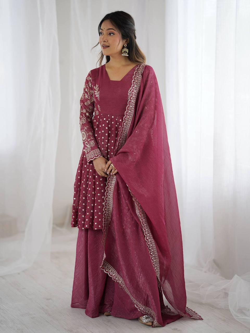 Plus Size Crunchy Silk Kurta Sharara Set – Sequins Embroidery Work with Dupatta