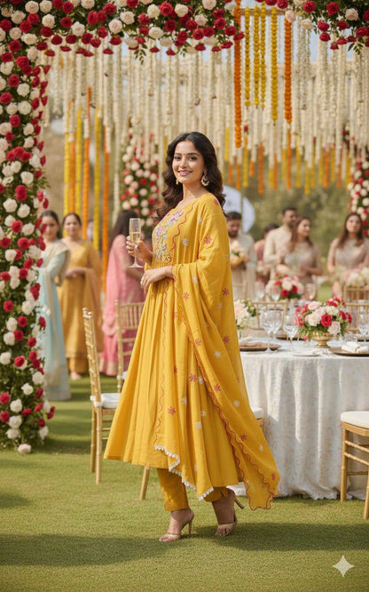 Heavy Mul Chanderi Silk Anarkali Suit Set – Resham Dhaga & Beads Embroidery